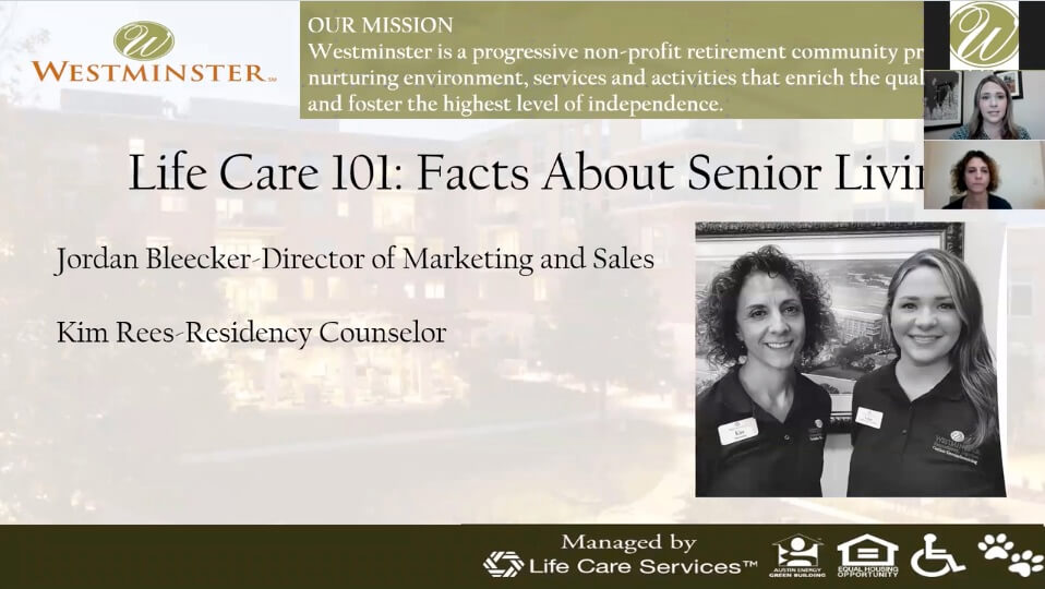 Webinar slide titled Life Care 101: Facts About Senior Living with two speakers shown.