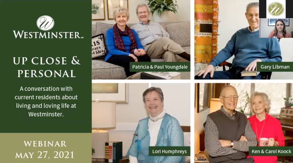 Webinar flyer for Up Close & Personal with images of Westminster residents.