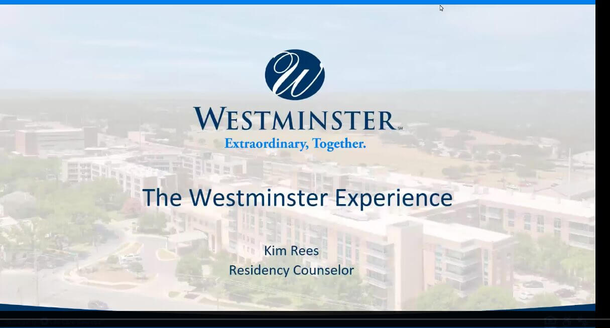 Presentation slide for Westminster with aerial view of the community buildings.