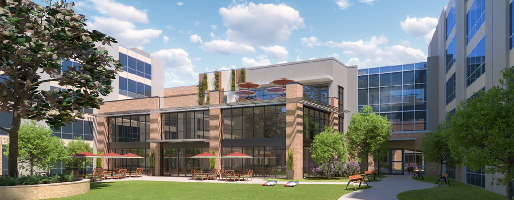 Rendering of exterior outdoor communal space at senior living community.